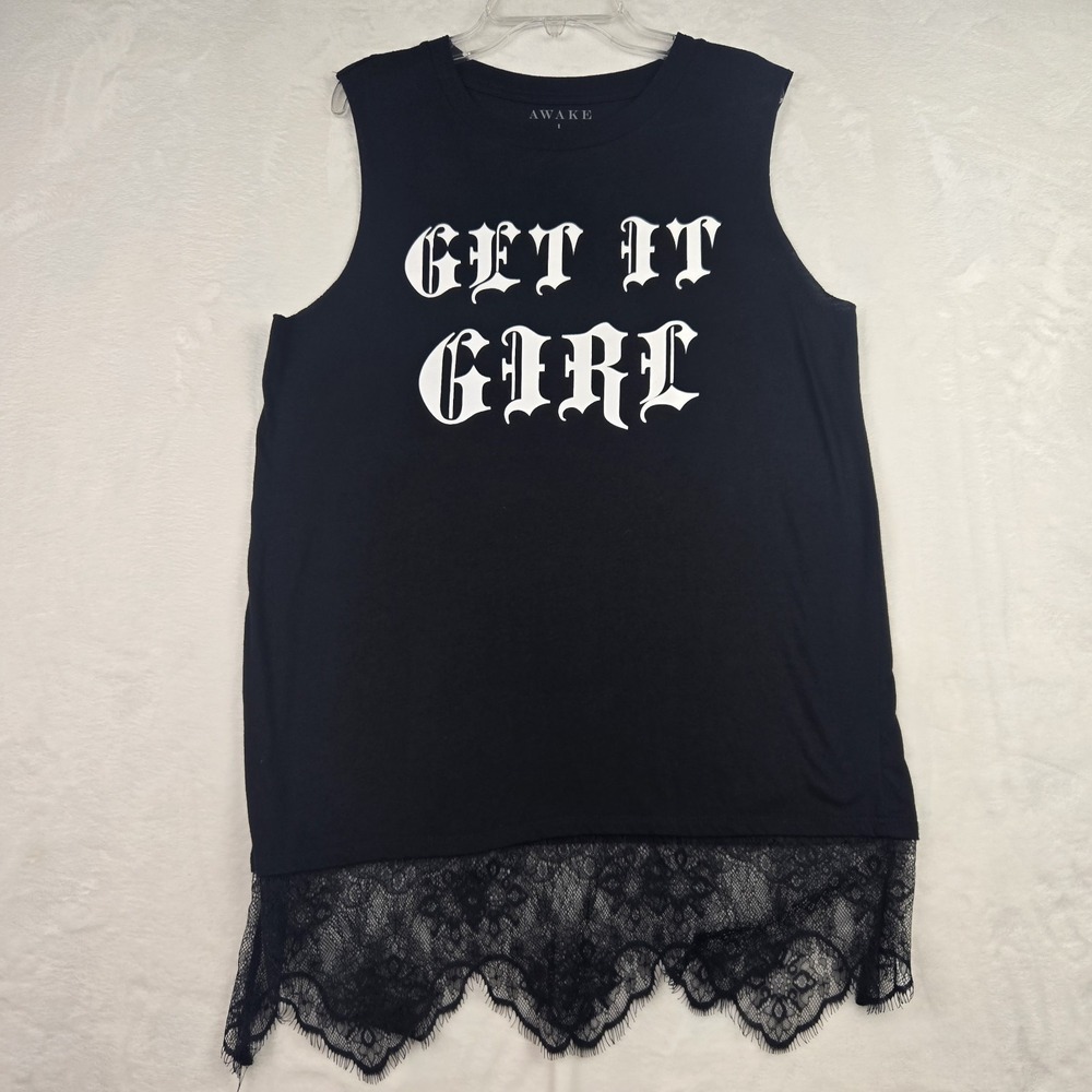 Awake Women's Black‎ Tank Top Large "Get It Girl" Lace Bottom
